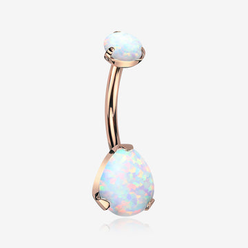 Implant Grade Titanium Rose Gold Internally Threaded Teardrop Opal Prong Belly Button Ring-White Opal
